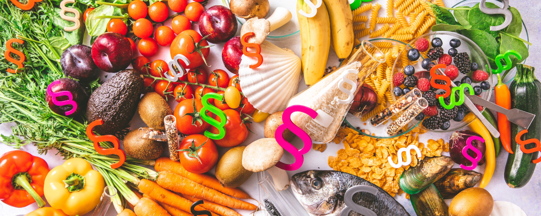 Compilation of various fresh foods such as fruit, vegetables, fish and cereal products with colorful paragraph symbols